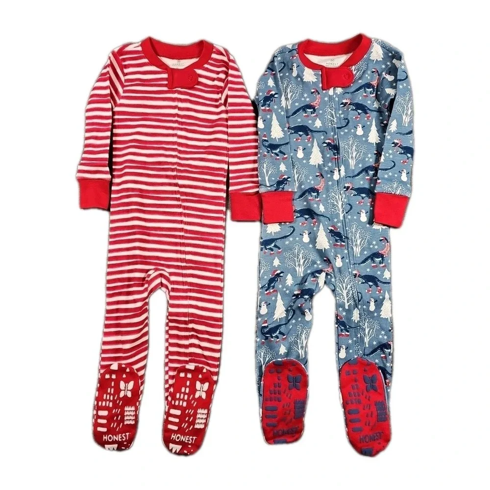 Honest Kids Organic Cotton Footed Pajamas 12M Set of 2‎ Christmas PJs Red White